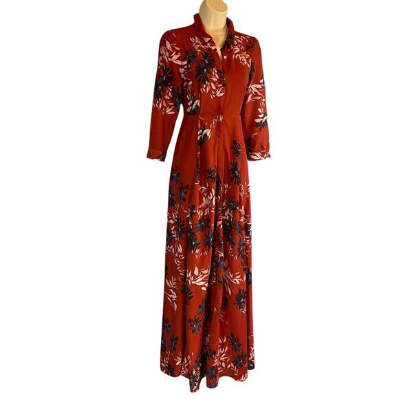 Free People After The Storm Brick Red Floral Maxi Shirt Dress Size 0 - Picture 5 of 11